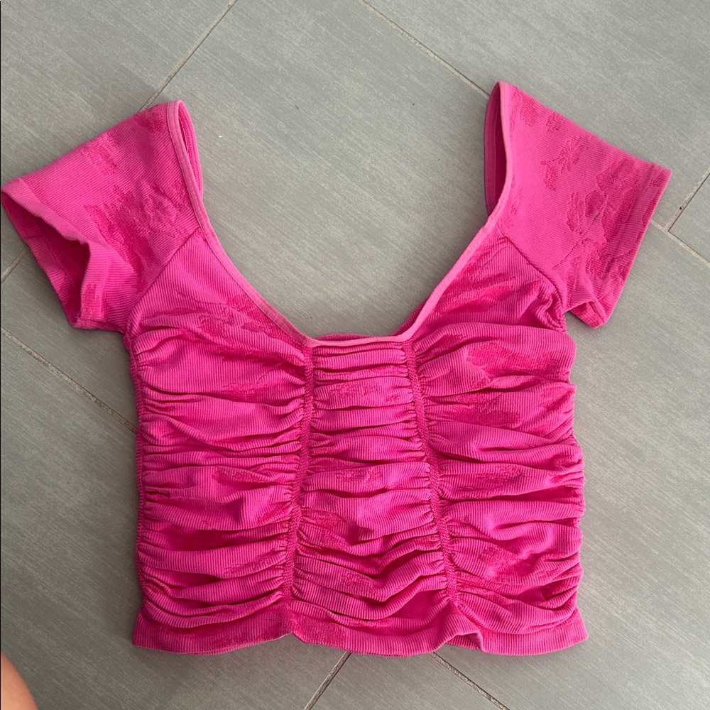 Free People Hot Pink Ruched off shoulder Crop Top